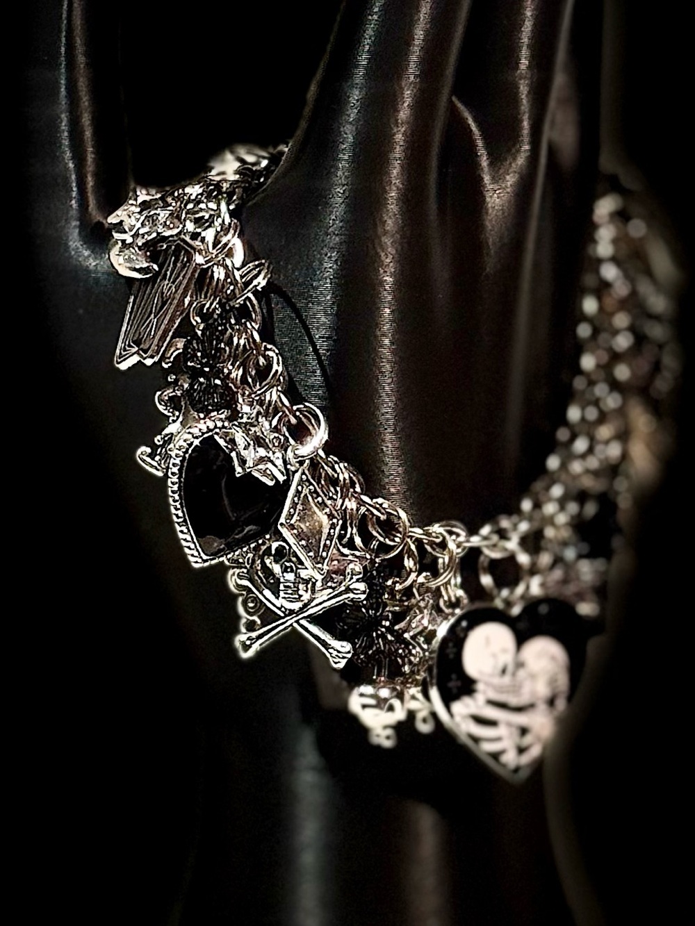 Silver Tone Gothic Charm Bracelet with Heart Skeleton Pendant - Picture 3 of 5
